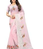 Pink embroidered cotton saree with blouse