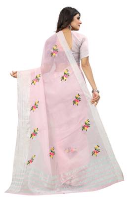 Pink embroidered cotton saree with blouse 2