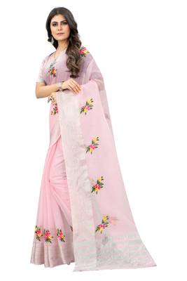 Pink embroidered cotton saree with blouse 4