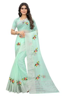 Green embroidered cotton saree with blouse 1