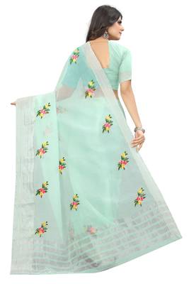 Green embroidered cotton saree with blouse 2