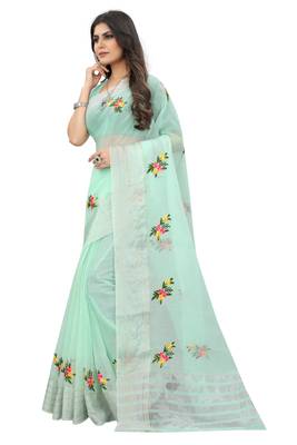 Green embroidered cotton saree with blouse 4
