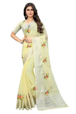 Yellow embroidered cotton saree with blouse 1