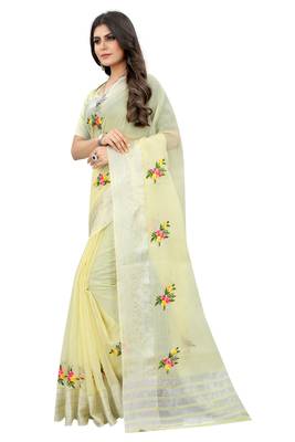 Yellow embroidered cotton saree with blouse 4