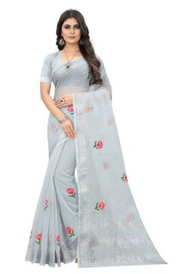 Grey embroidered cotton saree with blouse 1