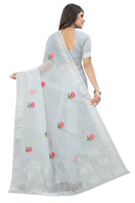 Grey embroidered cotton saree with blouse 2
