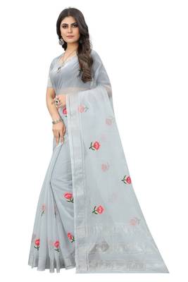 Grey embroidered cotton saree with blouse 4