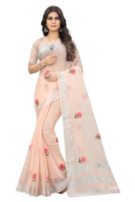 Pink embroidered cotton saree with blouse 1