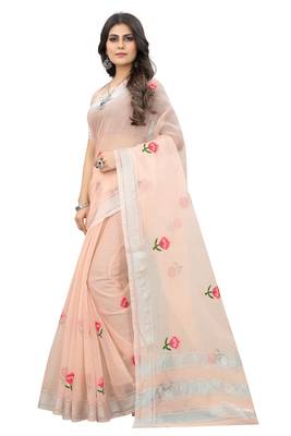 Pink embroidered cotton saree with blouse 4
