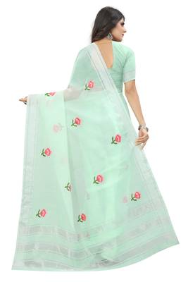 Green embroidered cotton saree with blouse 2