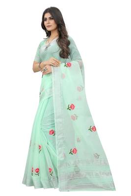 Green embroidered cotton saree with blouse 1