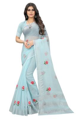 Blue embroidered cotton saree with blouse 1