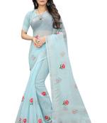 Blue embroidered cotton saree with blouse