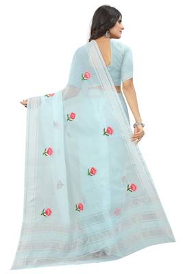 Blue embroidered cotton saree with blouse 2