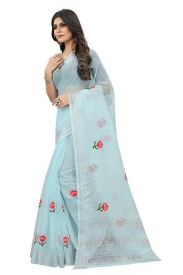 Blue embroidered cotton saree with blouse 4