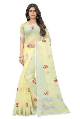 Yellow embroidered cotton saree with blouse 1