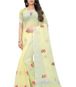 Yellow embroidered cotton saree with blouse