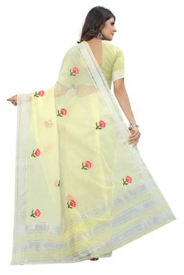Yellow embroidered cotton saree with blouse 2