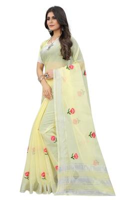Yellow embroidered cotton saree with blouse 4
