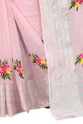 Pink embroidered cotton saree with blouse 5