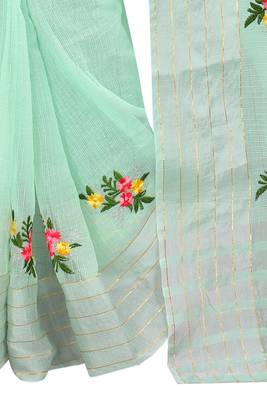 Green embroidered cotton saree with blouse 5