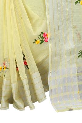 Yellow embroidered cotton saree with blouse 5