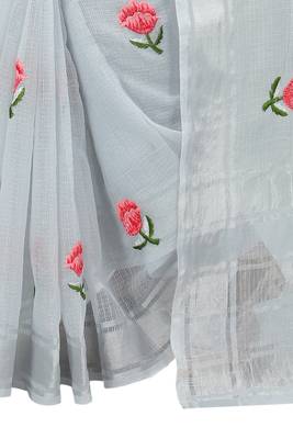 Grey embroidered cotton saree with blouse 5