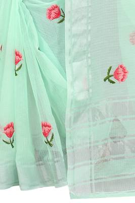Green embroidered cotton saree with blouse 4