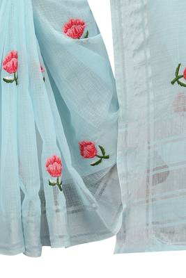 Blue embroidered cotton saree with blouse 5