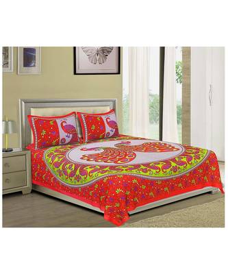 Red 104 TC Cotton Printed Double Bedsheet with 2 Pillow Covers 2