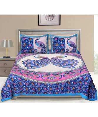 Blue 104 TC Cotton Printed Double Bedsheet with 2 Pillow Covers 1