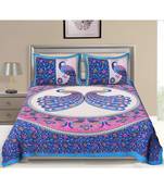 Blue 104 TC Cotton Printed Double Bedsheet with 2 Pillow Covers