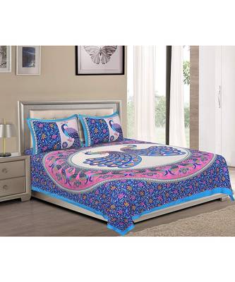 Blue 104 TC Cotton Printed Double Bedsheet with 2 Pillow Covers 2