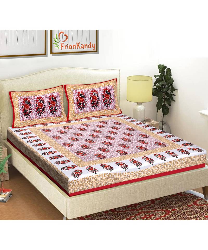 Red 104 TC Cotton Printed Double Bedsheet with 2 Pillow Covers