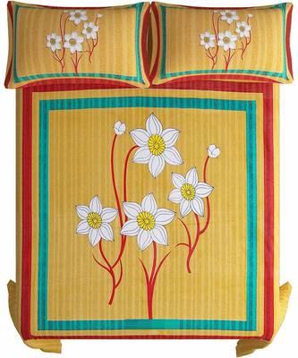 Yellow 104 TC Cotton Printed Double Bedsheet with 2 Pillow Covers 2