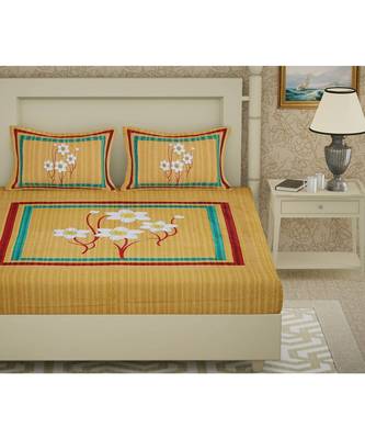Yellow 104 TC Cotton Printed Double Bedsheet with 2 Pillow Covers 3