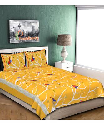 Yellow 104 TC Cotton Printed Double Bedsheet with 2 Pillow Covers 2