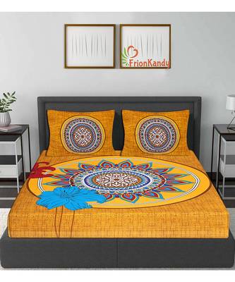 Dark Yellow 104 TC Cotton Printed Double Bedsheet with 2 Pillow Covers 2
