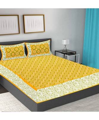 Yellow 104 TC Cotton Printed Double Bedsheet with 2 Pillow Covers 1