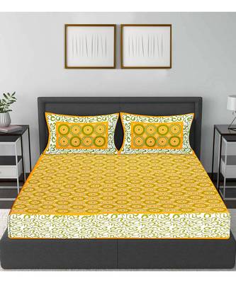 Yellow 104 TC Cotton Printed Double Bedsheet with 2 Pillow Covers 2