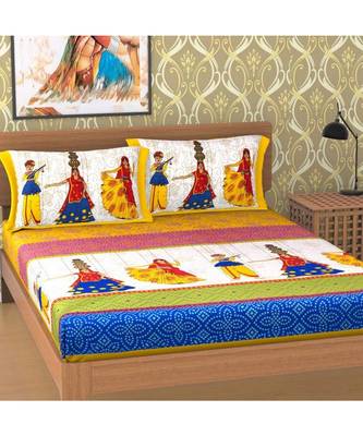 Yellow 104 TC Cotton Printed Double Bedsheet with 2 Pillow Covers 1