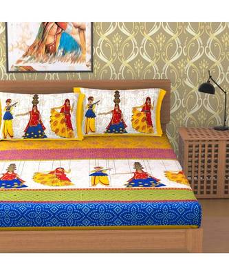 Yellow 104 TC Cotton Printed Double Bedsheet with 2 Pillow Covers 2