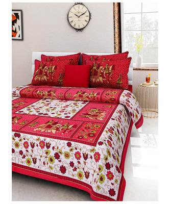 Red 104 TC Cotton Printed Double Bedsheet with 2 Pillow Covers 1