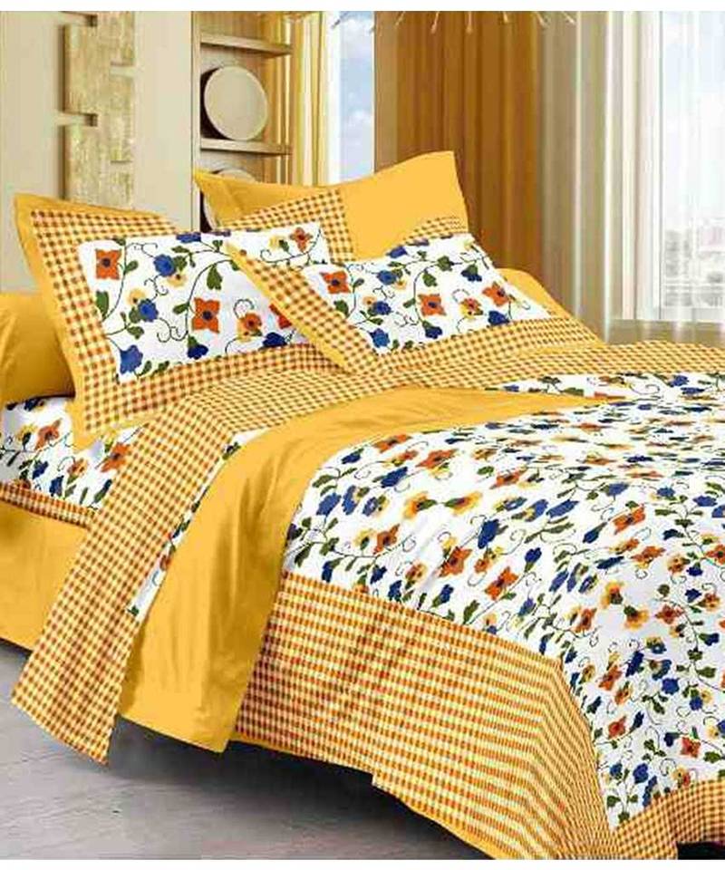 Yellow 104 TC Cotton Printed Double Bedsheet with 2 Pillow Covers