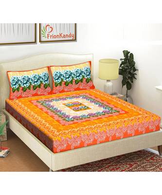 Orange 104 TC Cotton Printed Double Bedsheet with 2 Pillow Covers 1
