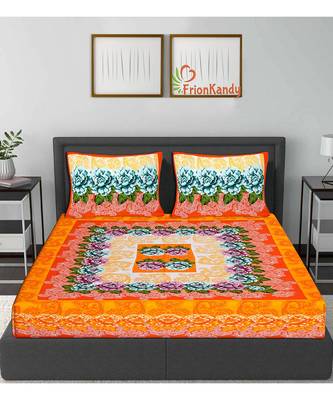 Orange 104 TC Cotton Printed Double Bedsheet with 2 Pillow Covers 2