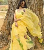 Yellow Organza Digital Printed Saree With Blouse Piece.