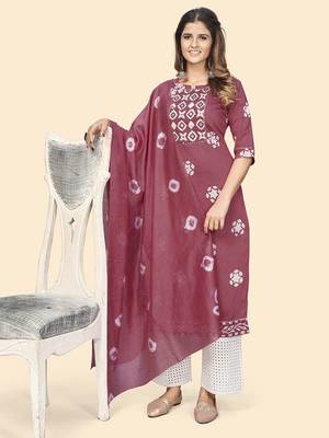 Vbuyz Women'S Batik Print & Mirror Straight Chanderi Magenta Stitched Kurta With Dupatta 2