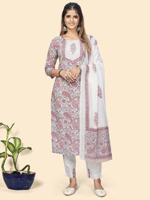 Vbuyz Women'S Print & Gota Patti Straight Cotton Beige Stitched Kurta Pant With Dupatta 1