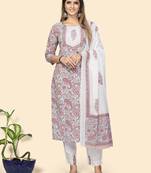 Vbuyz Women'S Print & Gota Patti Straight Cotton Beige Stitched Kurta Pant With Dupatta